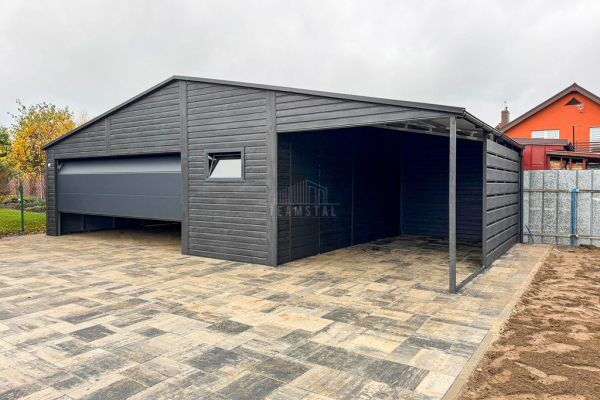 Ogłoszenie - Garaż blaszany PREMIUM 8x6m + wiata 3x6 Brama segmentowa drzwi okno  antracyt Drewnopodobny  rynny TS978 - Białogard - 35 450,00 zł