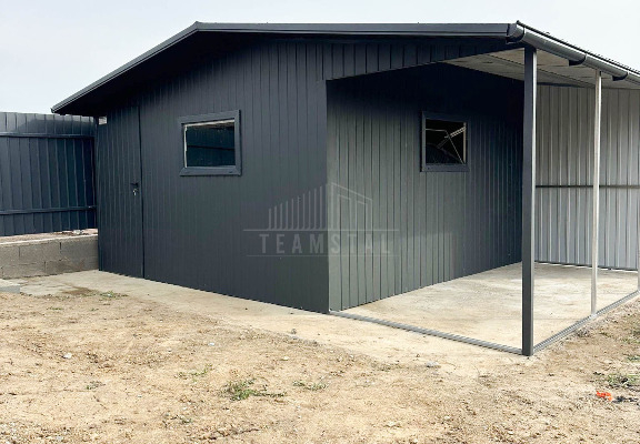 Ogłoszenie - Garaż blaszany Domek ogrodowy Schowek 4x6m + Wiata 2x6m  Drzwi 2x Okno Antracyt Rynny Dach dwuspadowy TS1005 - Katowice - 13 990,00 zł