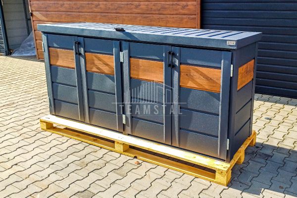Ogłoszenie - Zabudowa koszy na śmieci wiata śmietnikowa obudowa kubłów 235x65x110 cm 4x120L antracyt + jasny orzech TS958 - Łańcut - 3 990,00 zł