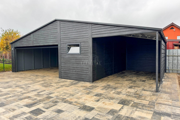 Ogłoszenie - Garaż blaszany PREMIUM 8x6m + wiata 3x6 Brama segmentowa drzwi okno  antracyt Drewnopodobny  rynny TS978 - Białogard - 35 450,00 zł