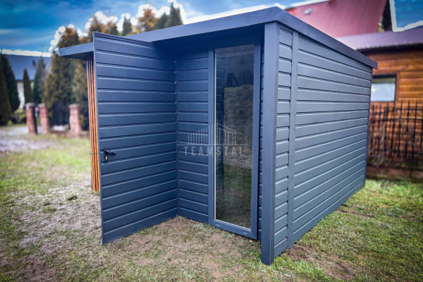 Ogłoszenie - Schowek - Domek ogrodowy PREMIUM 3x3m + wiata 0,5m - drzwi - okno - Dekor z lameli - Antracyt - dach spad w tył TS991 - Mrągowo - 9 490,00 zł
