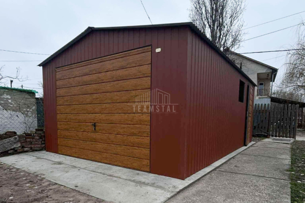 Ogłoszenie - Garaż blaszany 4,5x6m - brama uchylna - drzwi - okno - ciemny brąz - drewnopodobny - dach dwuspadowy TS1017 - Grudziądz - 8 200,00 zł