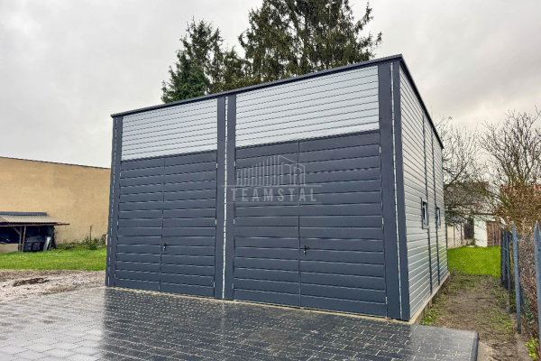 Ogłoszenie - Hala blaszana Magazyn - 7x8m - 2x Brama dwuskrzydłowa - 4x Okno - Drzwi Antracyt Srebrny Rynny dach spad w tył  TS979 - Szczecinek - 31 300,00 zł