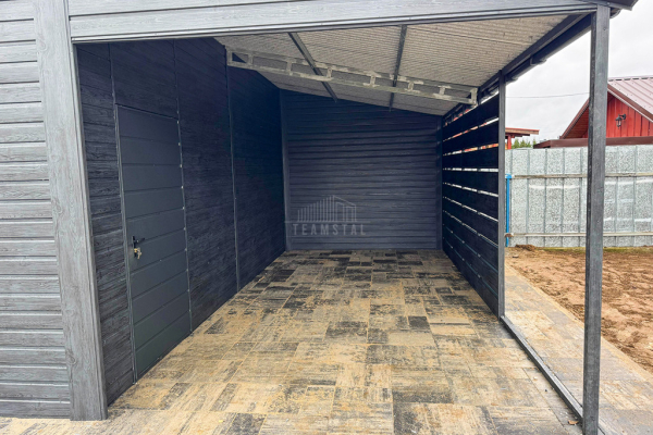 Ogłoszenie - Garaż blaszany PREMIUM 8x6m + wiata 3x6 Brama segmentowa drzwi okno  antracyt Drewnopodobny  rynny TS978 - Białogard - 35 450,00 zł