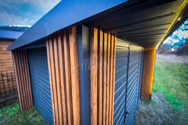 Ogłoszenie - Schowek - Domek ogrodowy PREMIUM 3x3m + wiata 0,5m - drzwi - okno - Dekor z lameli - Antracyt -  dach spad w tył TS990 - Kalisz - 9 490,00 zł