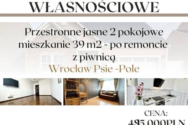 Ogłoszenie - 2pok, 39met, okolice Poleskiej PO REMONCIE/PIWNICA (Wrocław) - Wrocław - 495 000,00 zł