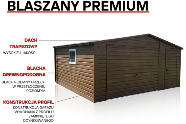 Ogłoszenie - Garaż Blaszany dwuspadowy 5x5 Ciemny Orzech PREMIUM brama uchylna - Szczytno - 9 000,00 zł