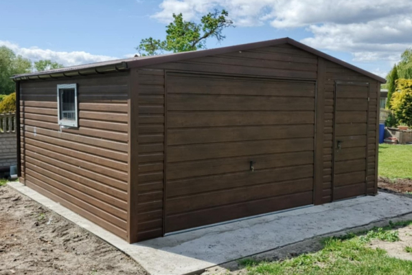 Ogłoszenie - Garaż Blaszany dwuspadowy 5x5 Ciemny Orzech PREMIUM brama uchylna - Szczytno - 9 000,00 zł