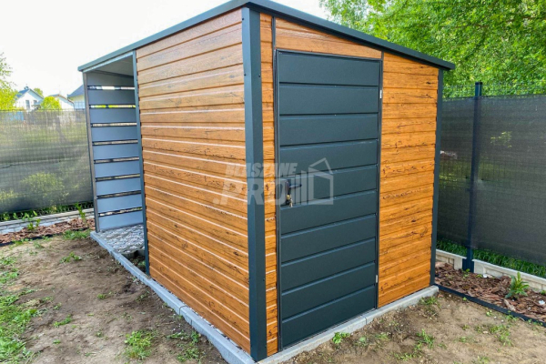 Ogłoszenie - Schowek - Domek Ogrodowy 2x2m + wiata 2m - Drzwi - jasny orzech - dach spad w tył GP547 - Wieluń - 4 600,00 zł