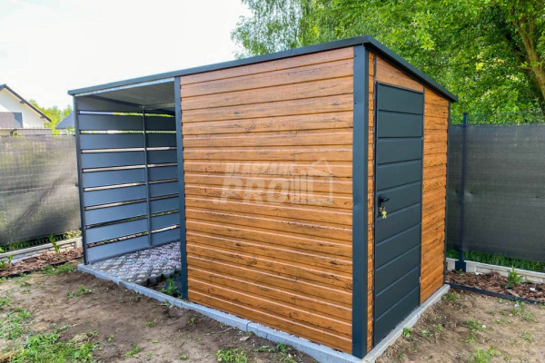 Ogłoszenie - Schowek - Domek Ogrodowy 2x2m + wiata 2m - Drzwi - jasny orzech - dach spad w tył GP547 - Wieluń - 4 600,00 zł