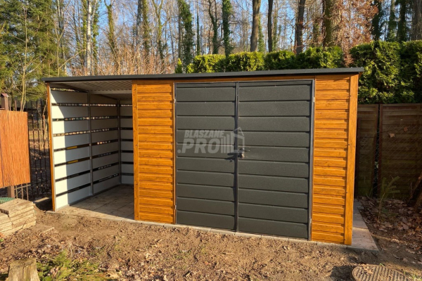 Ogłoszenie - Schowek - Domek Ogrodowy 3x2m + wiata 1,5m - Brama - jasny orzech - dach spad w tył GP559 - Białogard - 4 600,00 zł