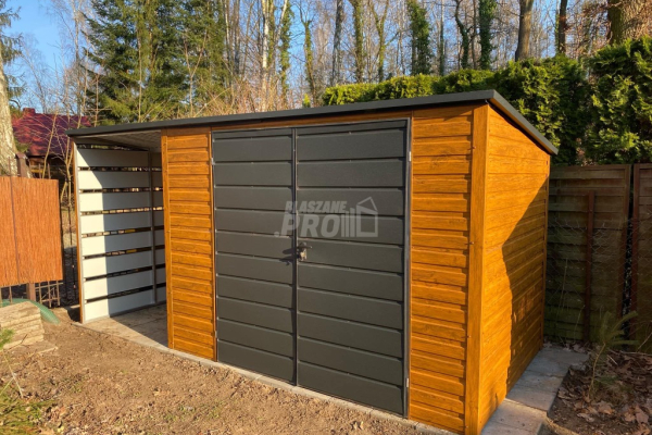 Ogłoszenie - Schowek - Domek Ogrodowy 3x2m + wiata 1,5m - Brama - jasny orzech - dach spad w tył GP559 - Białogard - 4 600,00 zł
