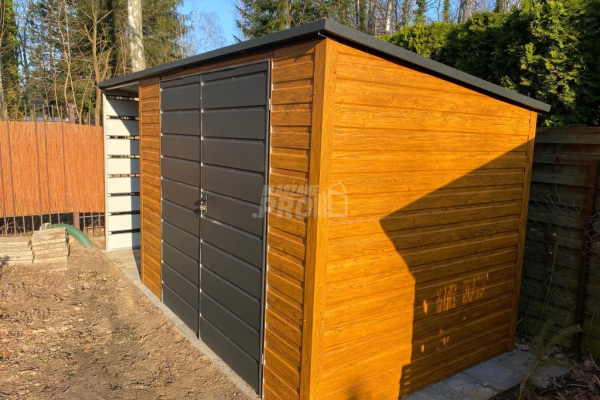 Ogłoszenie - Schowek - Domek Ogrodowy 3x2m + wiata 1,5m - Brama - jasny orzech - dach spad w tył GP559 - Białogard - 4 600,00 zł