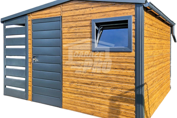 Ogłoszenie - Schowek - domek ogrodowy 3x3,5m + wiata 1m drzwi okno drewnopodobny rynny dach dwuspad GP484 - Włocławek - 7 100,00 zł