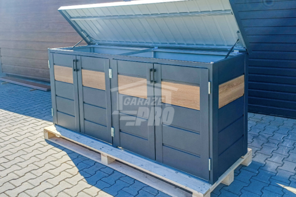 Ogłoszenie - Zabudowa koszy na śmieci wiata śmietnikowa obudowa kubłów 235x65x110 cm 4x120L antracyt + jasny orzech GP513 - Turek - 4 350,00 zł
