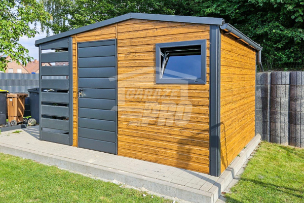 Ogłoszenie - Schowek - domek ogrodowy 3x3,5m + wiata 1m drzwi okno drewnopodobny rynny dach dwuspad GP484 - Włocławek - 7 100,00 zł