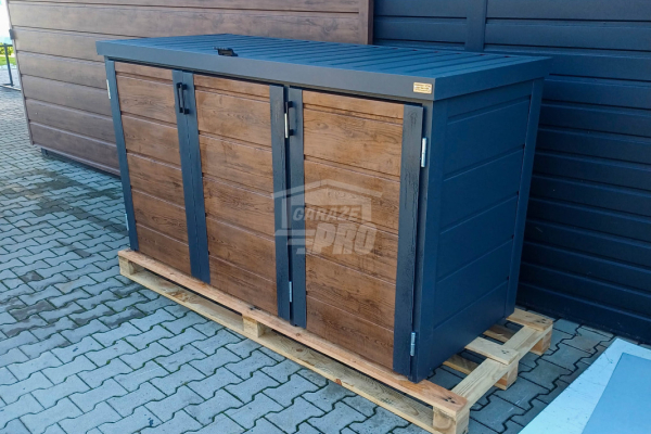 Ogłoszenie - Zabudowa koszy na śmieci wiata śmietnikowa obudowa kubłów 207x80x120 cm 3x240L antracyt + jasny orzech GP512 - Sieradz - 3 450,00 zł