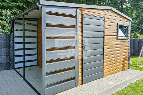 Ogłoszenie - Schowek - domek ogrodowy 3x3,5m + wiata 1m drzwi okno drewnopodobny rynny dach dwuspad GP484 - Włocławek - 7 100,00 zł