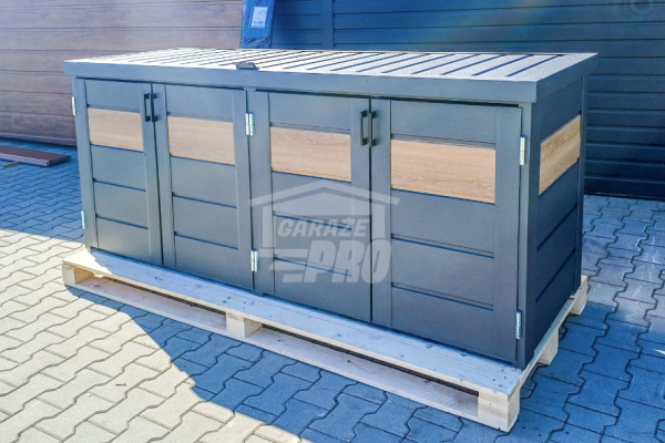 Ogłoszenie - Zabudowa koszy na śmieci wiata śmietnikowa obudowa kubłów 235x65x110 cm 4x120L antracyt + jasny orzech GP513 - Turek - 4 350,00 zł