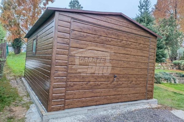 Ogłoszenie - Garaż blaszany 4x6m - Brama uchylna - drzwi - okno - ciemny orzech - drewnopodobny - dach dwuspadowy GP446 - Białogard - 8 200,00 zł