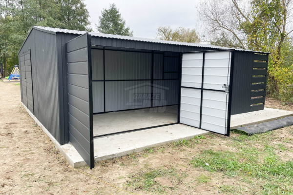 Ogłoszenie - Garaż blaszany 7x7,5m + wnęka 2,5m - 2x brama dwuskrzydłowa - 2x okno - antracyt -  dach dwuspadowy  GP481 - Poznań - 16 300,00 zł