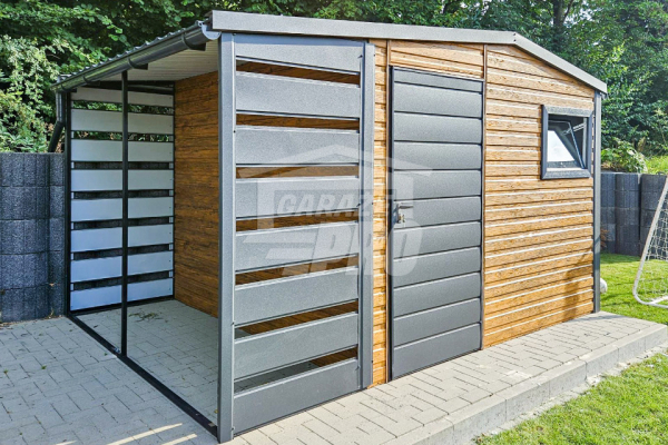 Ogłoszenie - Schowek - domek ogrodowy 3x3,5m + wiata 1m drzwi okno drewnopodobny rynny dach dwuspad GP484 - Włocławek - 7 100,00 zł