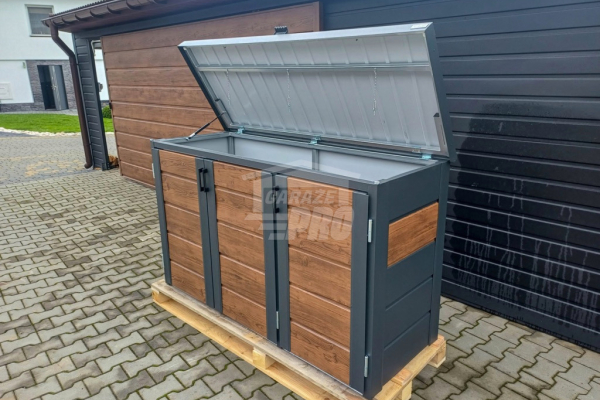 Ogłoszenie - Zabudowa koszy na śmieci wiata śmietnikowa obudowa kubłów 177x65x110 cm 3x120L antracyt + jasny orzech GP510 - Konin - 3 300,00 zł