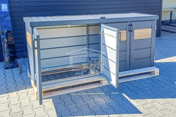 Ogłoszenie - Zabudowa koszy na śmieci wiata śmietnikowa obudowa kubłów 235x65x110 cm 4x120L antracyt + jasny orzech GP513 - Turek - 4 350,00 zł