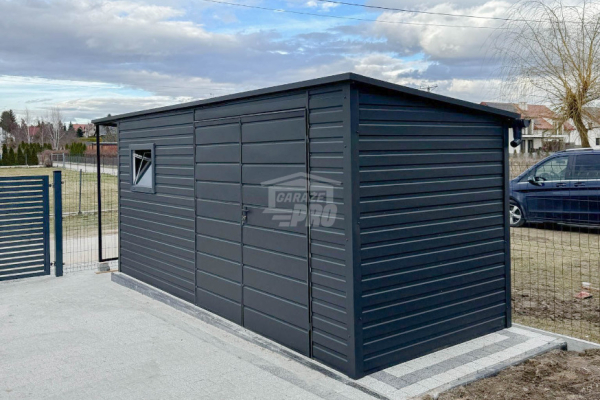 Ogłoszenie - Schowek - Domek Ogrodowy 5x2m + wiata 1m -  Drzwi  - okno - antracyt - dach spad w tył GP550 - Bełchatów - 5 650,00 zł