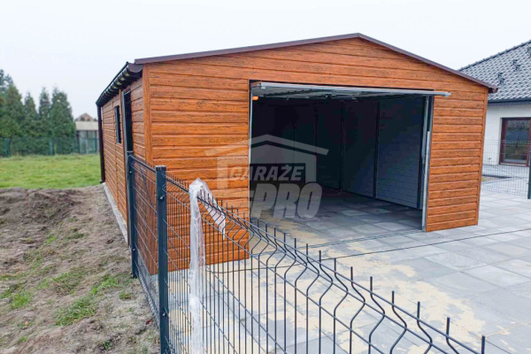 Ogłoszenie - Garaż blaszany 6x6m - Brama uchylna - drzwi - 2x okno - jasny orzech - drewnopodobny - rynny - dach dwuspadowy GP447 - Jarocin - 14 750,00 zł