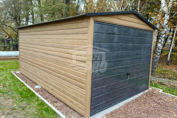 Ogłoszenie - Garaż blaszany 3x6m - Brama uchylna - Winchester - Sosna norweska - Drewnopodobny - Dach dwuspadowy GP445 - Koszalin - 7 990,00 zł
