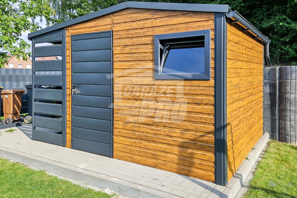 Ogłoszenie - Schowek - domek ogrodowy 3x3,5m + wiata 1m drzwi okno drewnopodobny rynny dach dwuspad GP484 - Włocławek - 7 100,00 zł