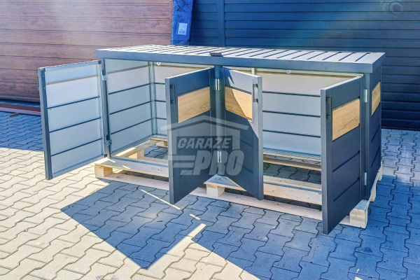 Ogłoszenie - Zabudowa koszy na śmieci wiata śmietnikowa obudowa kubłów 235x65x110 cm 4x120L antracyt + jasny orzech GP513 - Turek - 4 350,00 zł