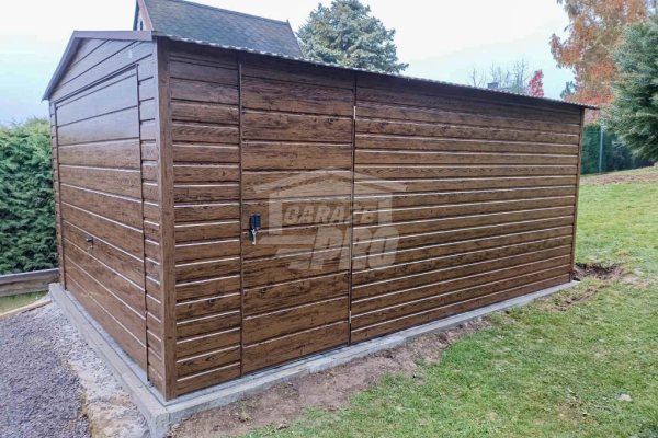 Ogłoszenie - Garaż blaszany 4x6m - Brama uchylna - drzwi - okno - ciemny orzech - drewnopodobny - dach dwuspadowy GP446 - Białogard - 8 200,00 zł