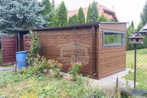 Ogłoszenie - Schowek - domek ogrodowy 4,5x2,5m + wiata 1,8m drzwi 2x okno drewnopodobny rynny dach GP450 - Iława - 8 350,00 zł