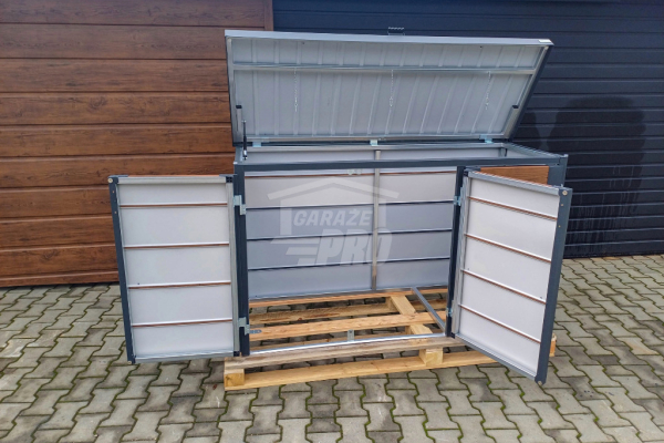 Ogłoszenie - Zabudowa koszy na śmieci wiata śmietnikowa obudowa kubłów 177x65x110 cm 3x120L antracyt + jasny orzech GP510 - Konin - 3 300,00 zł