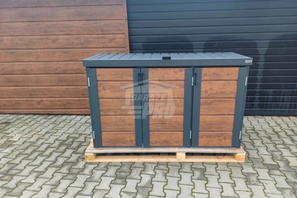 Ogłoszenie - Zabudowa koszy na śmieci wiata śmietnikowa obudowa kubłów 177x65x110 cm 3x120L antracyt + jasny orzech GP510 - Konin - 3 300,00 zł
