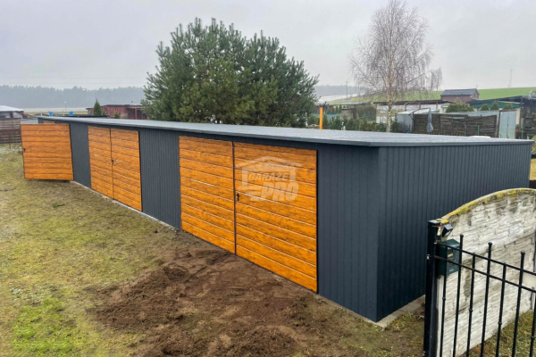 Ogłoszenie - Rząd garaży Garaż blaszany 18x5m 3x brama dwuskrzydłowa drzwi drewnopodobny dach GP525 - Gryfice - 22 900,00 zł