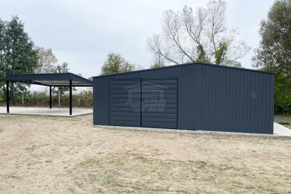 Ogłoszenie - Garaż blaszany 7x7,5m + wnęka 2,5m - 2x brama dwuskrzydłowa - 2x okno - antracyt -  dach dwuspadowy  GP481 - Poznań - 16 300,00 zł