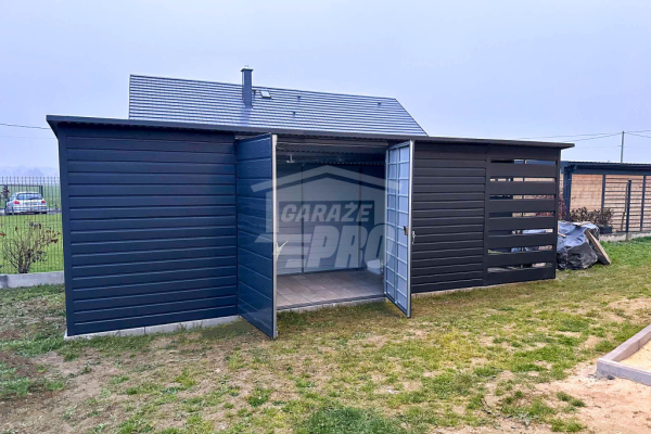 Ogłoszenie - Schowek - domek ogrodowy 6x2m + wiata 1,5m - Brama dwuskrzydłowa - antracyt - dach spad w tył GP452 - Olsztyn - 8 250,00 zł