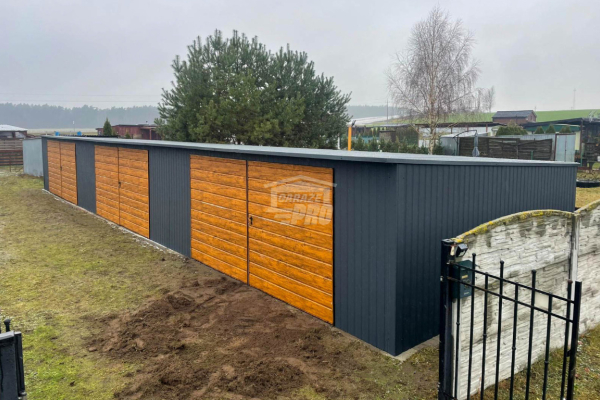 Ogłoszenie - Rząd garaży Garaż blaszany 18x5m 3x brama dwuskrzydłowa drzwi drewnopodobny dach GP525 - Gryfice - 22 900,00 zł