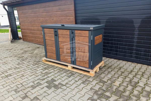 Ogłoszenie - Zabudowa koszy na śmieci wiata śmietnikowa obudowa kubłów 177x65x110 cm 3x120L antracyt + jasny orzech GP510 - Konin - 3 300,00 zł