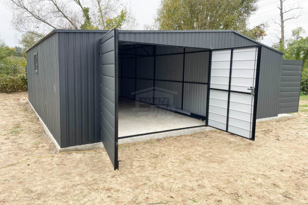 Ogłoszenie - Garaż blaszany 7x7,5m + wnęka 2,5m - 2x brama dwuskrzydłowa - 2x okno - antracyt -  dach dwuspadowy  GP481 - Poznań - 16 300,00 zł