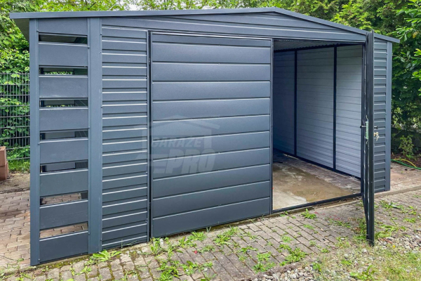 Ogłoszenie - Schowek - Domek Ogrodowy 4x3m + Wiata 0,5m - Brama Dwuskrzydłowa - Antracyt - Dach dwuspadowy GP419 - Ząbki - 4 850,00 zł
