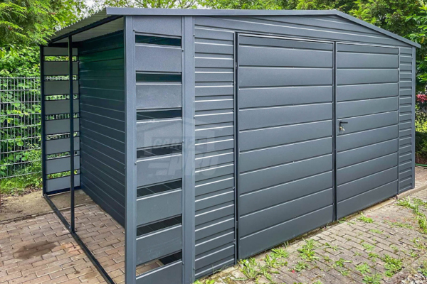 Ogłoszenie - Schowek - Domek Ogrodowy 4x3m + Wiata 0,5m - Brama Dwuskrzydłowa - Antracyt - Dach dwuspadowy GP419 - Ząbki - 4 850,00 zł