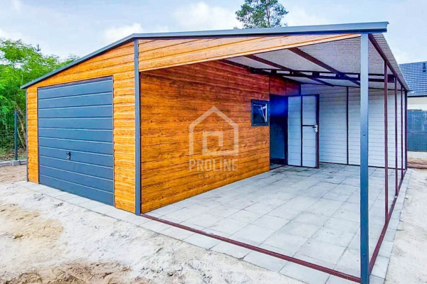 Ogłoszenie - Garaż Blaszany 4x6m + Wiata 4x6m - Brama Uchylna Okno Drzwi - Jasny orzech - Antracyt - Drewnopodobny - Dwuspad PLG141 - Gdańsk - 13 750,00 zł