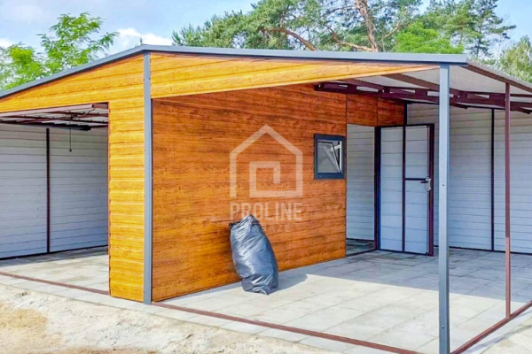 Ogłoszenie - Garaż Blaszany 4x6m + Wiata 4x6m - Brama Uchylna Okno Drzwi - Jasny orzech - Antracyt - Drewnopodobny - Dwuspad PLG141 - Gdańsk - 13 750,00 zł