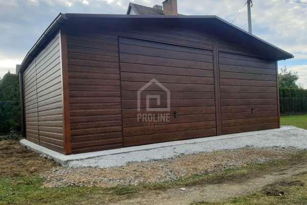 Ogłoszenie - Garaż blaszany 7x6m - 2x Brama - ciemny orzech - drewnopodobny - Dach dwuspadowy - rynny PLG169. Zdjęcie 2