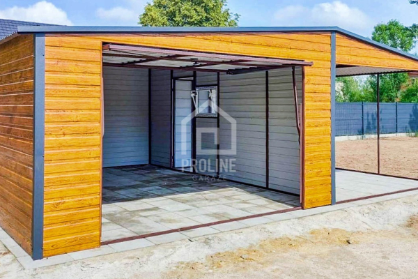 Ogłoszenie - Garaż Blaszany 4x6m + Wiata 4x6m - Brama Uchylna Okno Drzwi - Jasny orzech - Antracyt - Drewnopodobny - Dwuspad PLG141 - Gdańsk - 13 750,00 zł