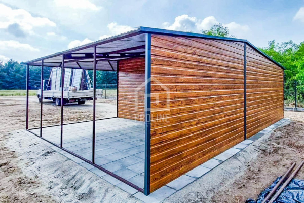 Ogłoszenie - Garaż Blaszany 4x6m + Wiata 4x6m - Brama Uchylna Okno Drzwi - Jasny orzech - Antracyt - Drewnopodobny - Dwuspad PLG141 - Gdańsk - 13 750,00 zł